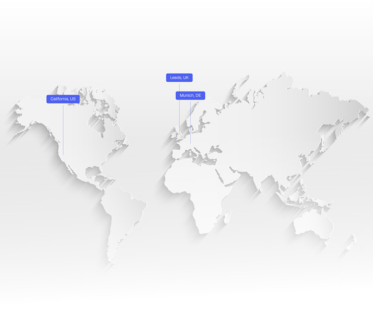 World map with JenaValve locations: California, US - Leeds, UK - Munich, DE
